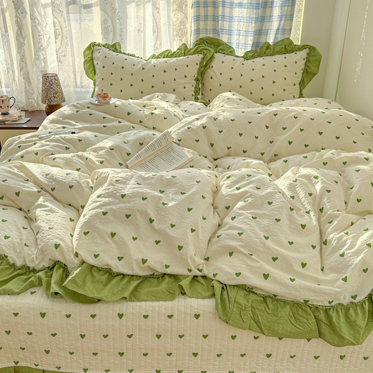 91家纺网 家纺一手货源 找家纺 欧尚 2026新款花边床盖四件套 绿爱心