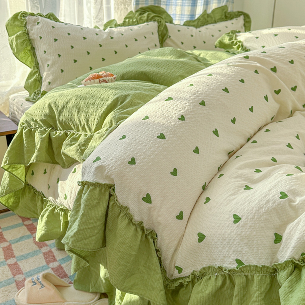 欧尚 2026新款花边床盖四件套 绿爱心