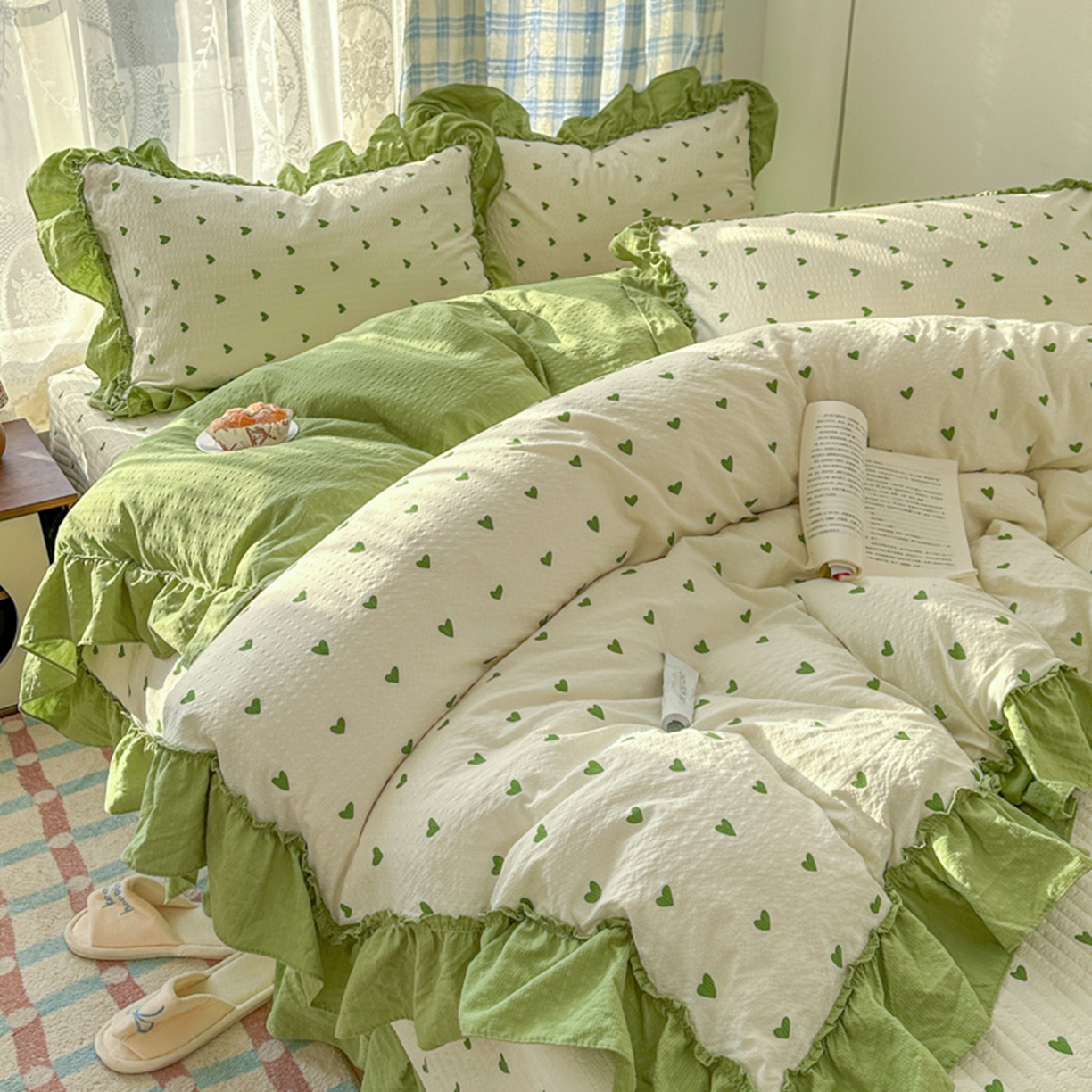 91家纺网 家纺一手货源 找家纺 欧尚 2026新款花边床盖四件套 绿爱心