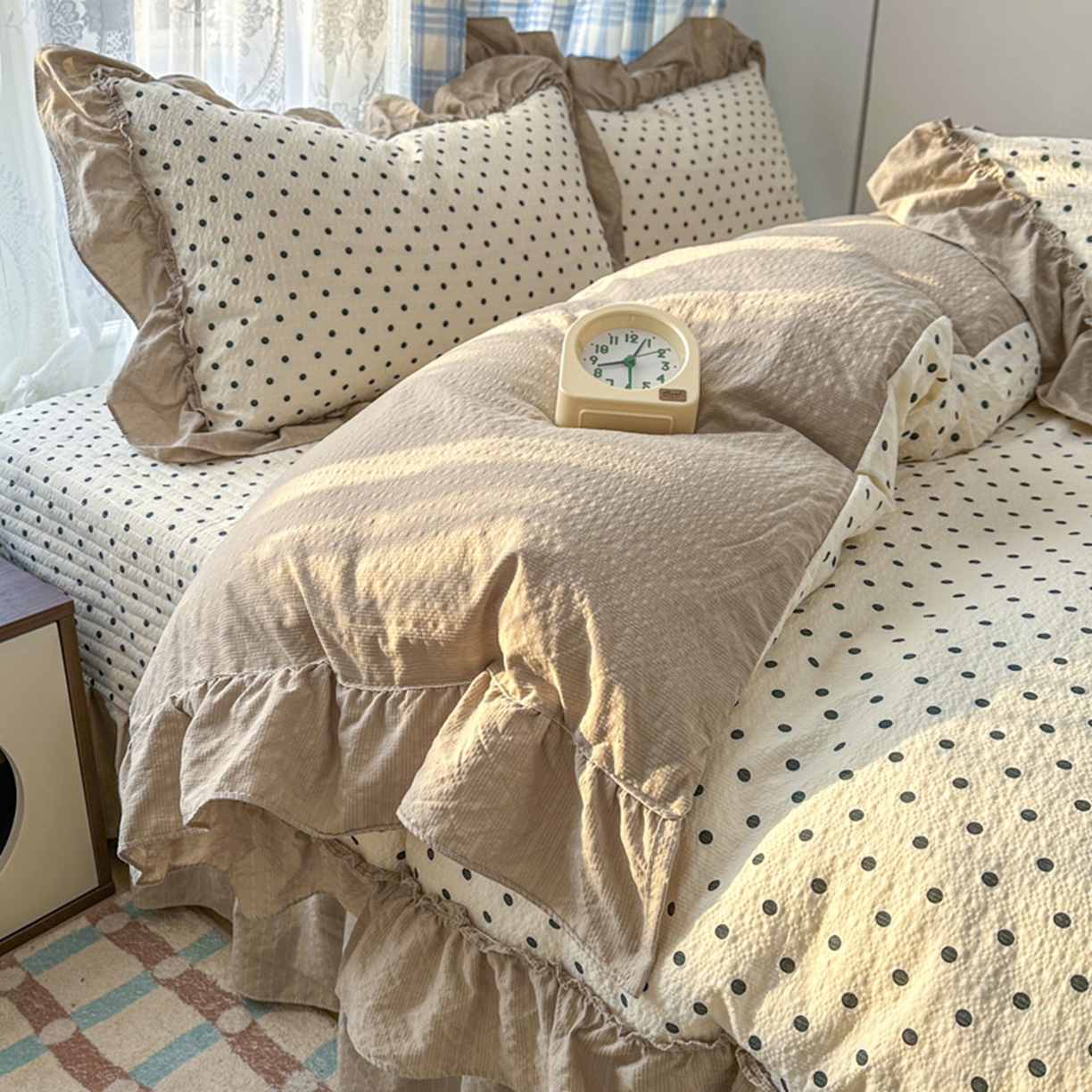 91家纺网 家纺一手货源 找家纺 欧尚 2026新款花边床盖四件套 奶油波点