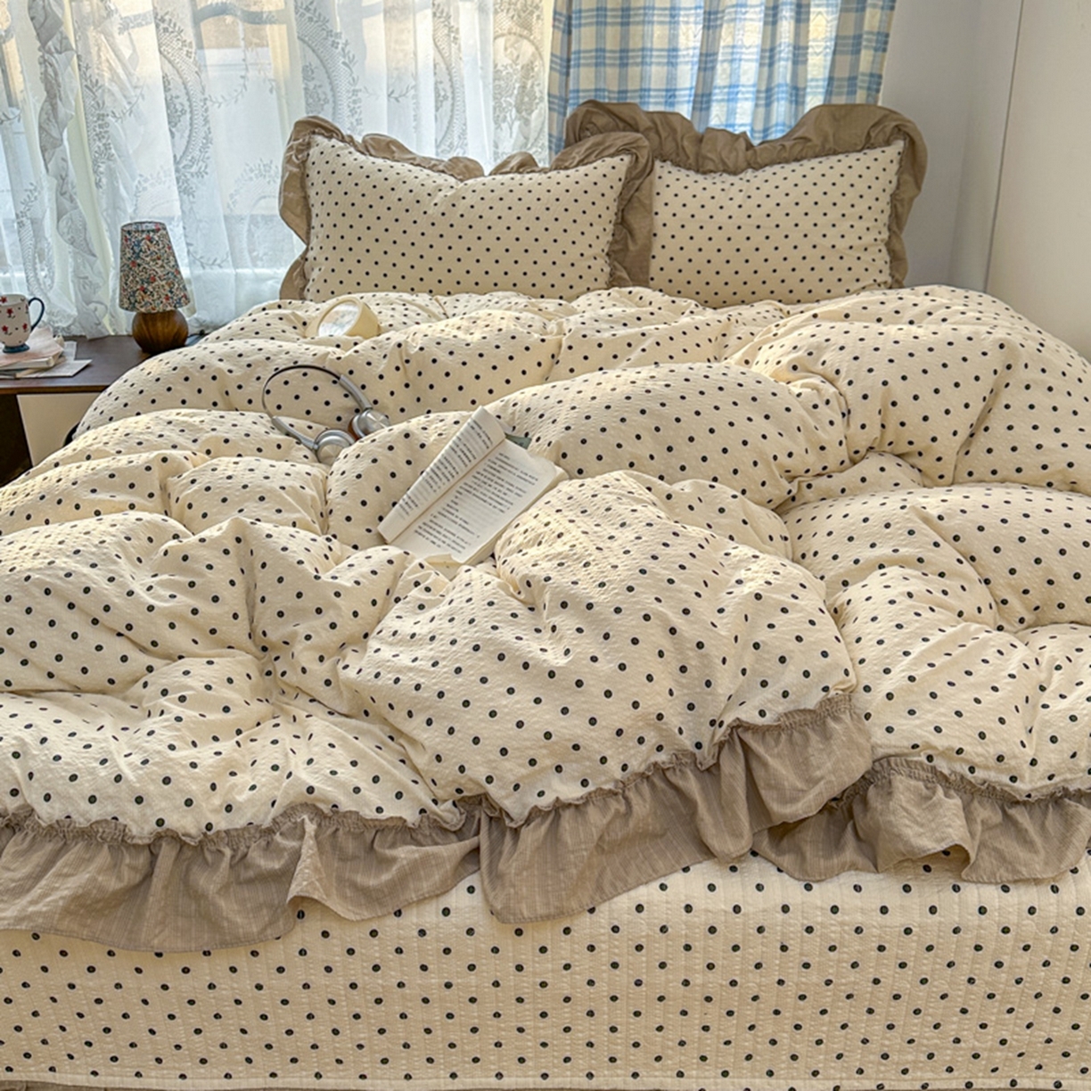 91家纺网 家纺一手货源 找家纺 欧尚 2026新款花边床盖四件套 奶油波点