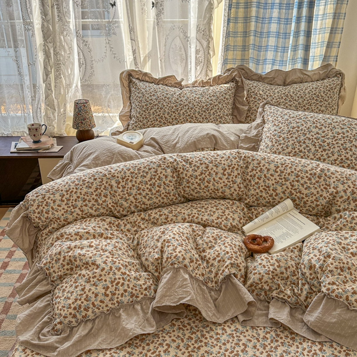 91家纺网 家纺一手货源 找家纺 欧尚 2026新款花边床盖四件套 暖橘枝