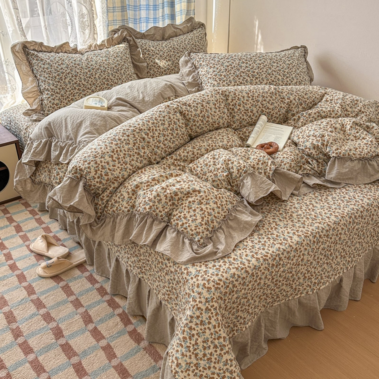 91家纺网 家纺一手货源 找家纺 欧尚 2026新款花边床盖四件套 暖橘枝