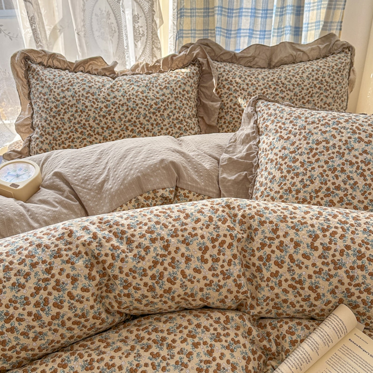 91家纺网 家纺一手货源 找家纺 欧尚 2026新款花边床盖四件套 暖橘枝