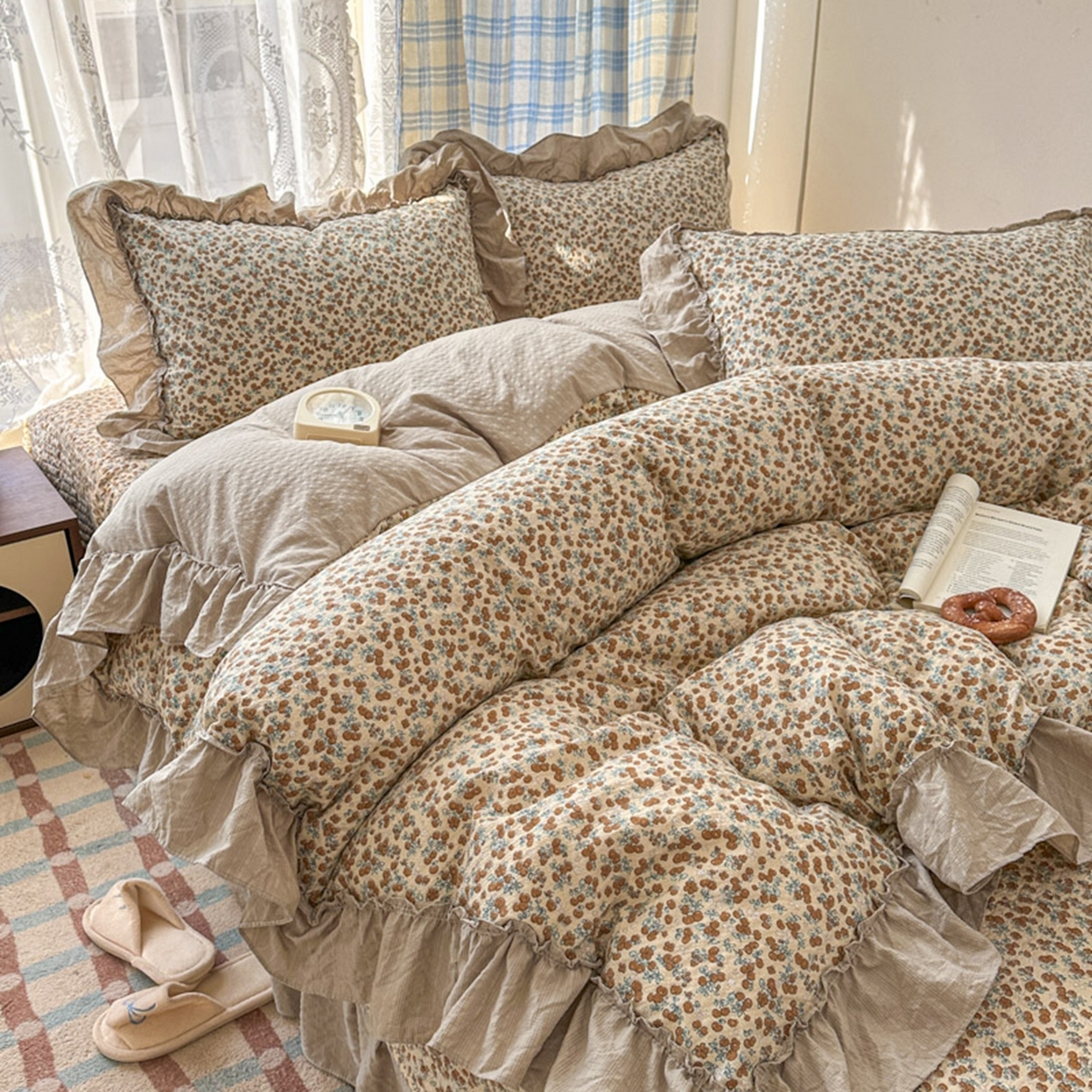 91家纺网 家纺一手货源 找家纺 欧尚 2026新款花边床盖四件套 暖橘枝