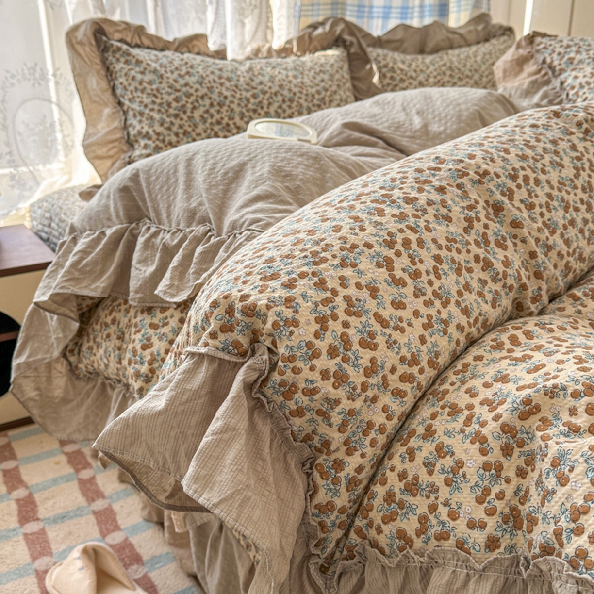 欧尚 2026新款花边床盖四件套 暖橘枝