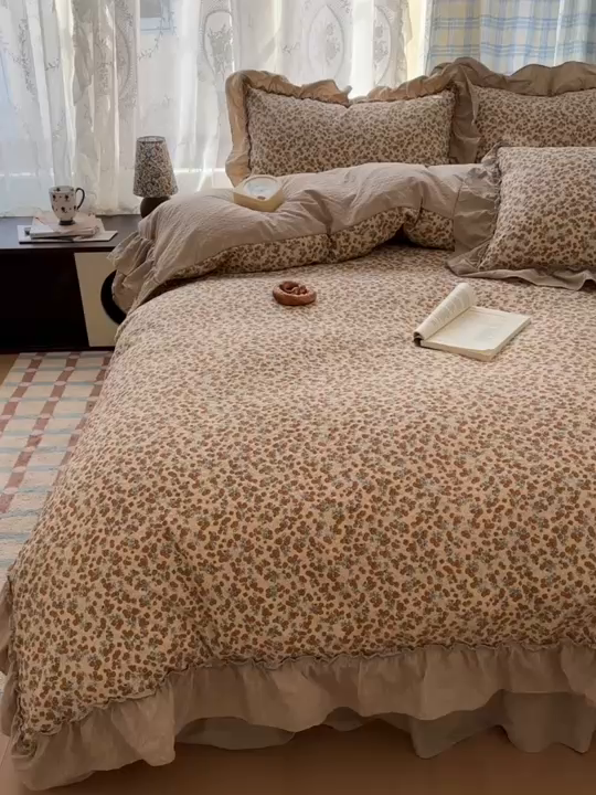 91家纺网 家纺一手货源 找家纺 欧尚 2026新款花边床盖四件套 暖橘枝
