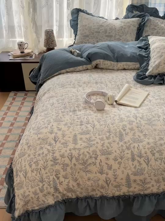 91家纺网 家纺一手货源 找家纺 欧尚 2026新款花边床盖四件套 人间草木