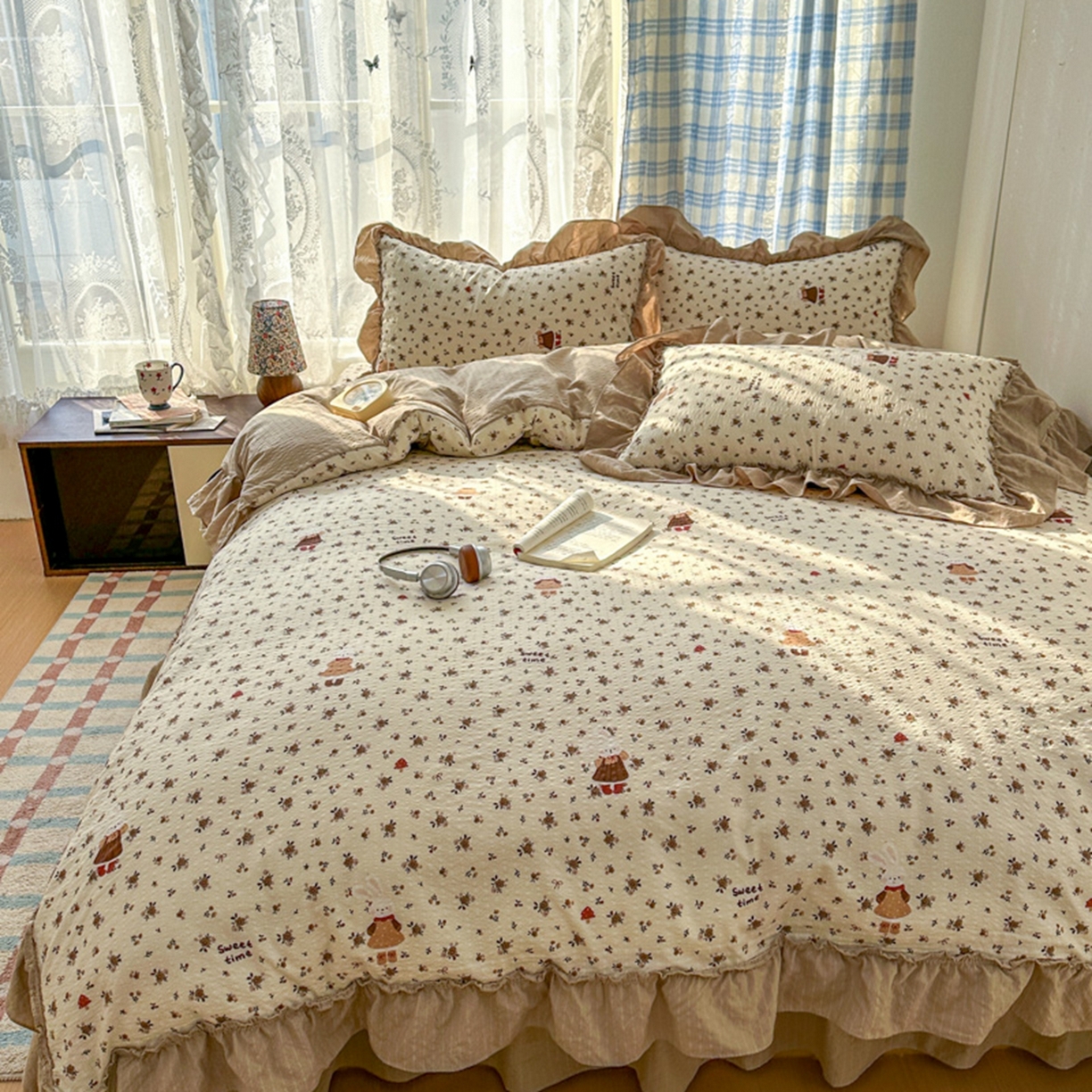 91家纺网 家纺一手货源 找家纺 欧尚 2026新款花边床盖四件套 田园兔