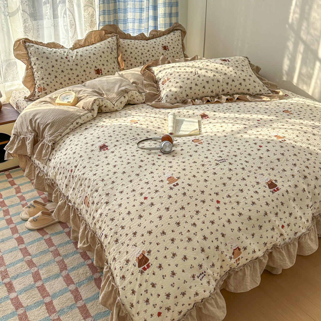 91家纺网 家纺一手货源 找家纺 欧尚 2026新款花边床盖四件套 田园兔