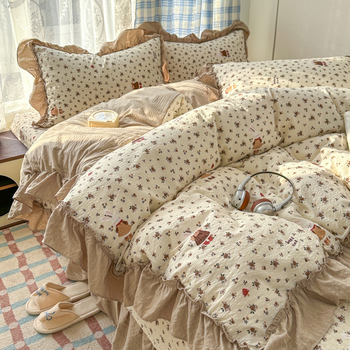 91家纺网 家纺一手货源 找家纺 欧尚 2026新款花边床盖四件套 田园兔