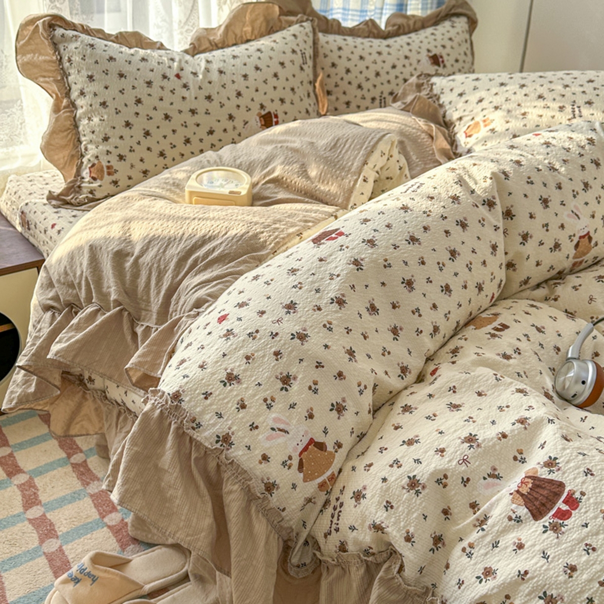 91家纺网 家纺一手货源 找家纺 欧尚 2026新款花边床盖四件套 田园兔