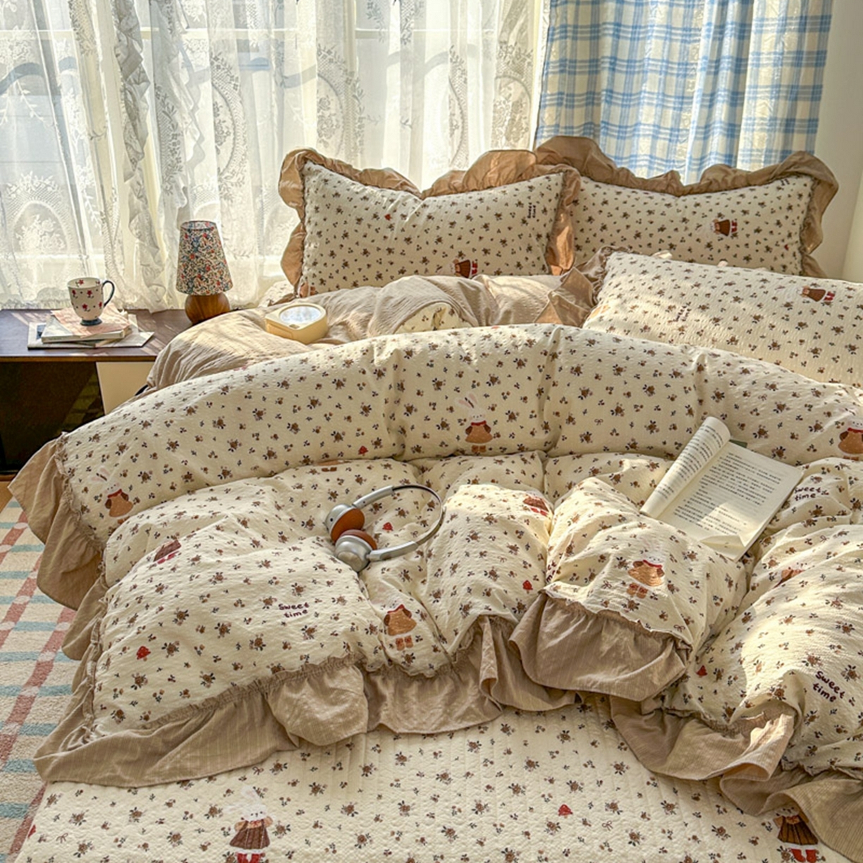 91家纺网 家纺一手货源 找家纺 欧尚 2026新款花边床盖四件套 田园兔