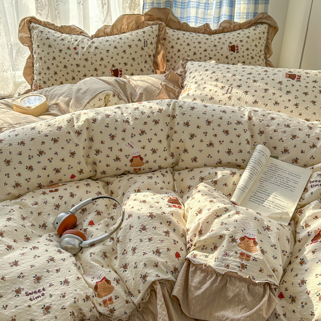 91家纺网 家纺一手货源 找家纺 欧尚 2026新款花边床盖四件套 田园兔