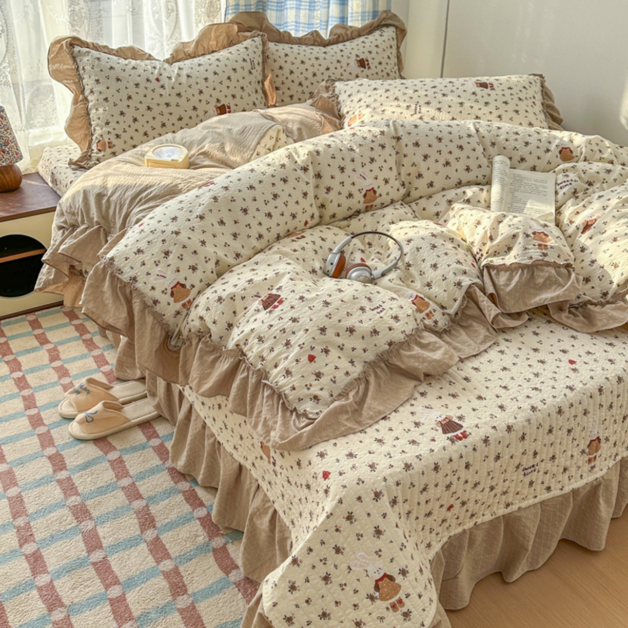 91家纺网 家纺一手货源 找家纺 欧尚 2026新款花边床盖四件套 田园兔