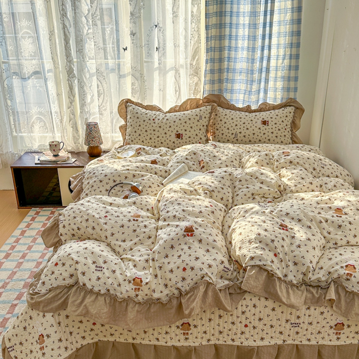 91家纺网 家纺一手货源 找家纺 欧尚 2026新款花边床盖四件套 田园兔