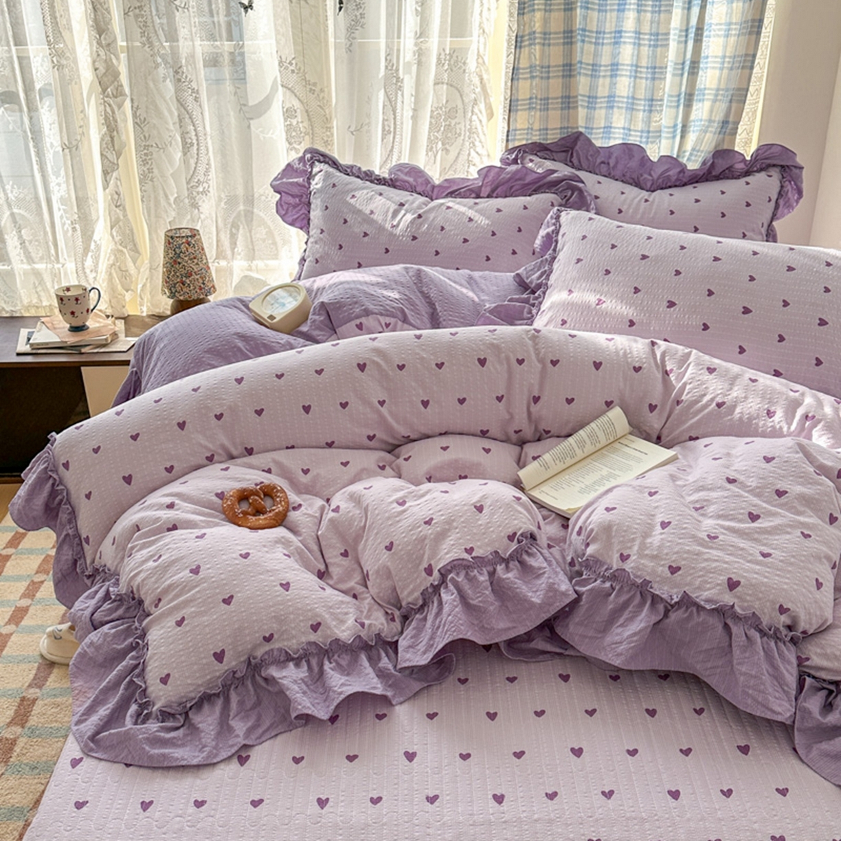 91家纺网 家纺一手货源 找家纺 欧尚 2026新款花边床盖四件套 紫爱心