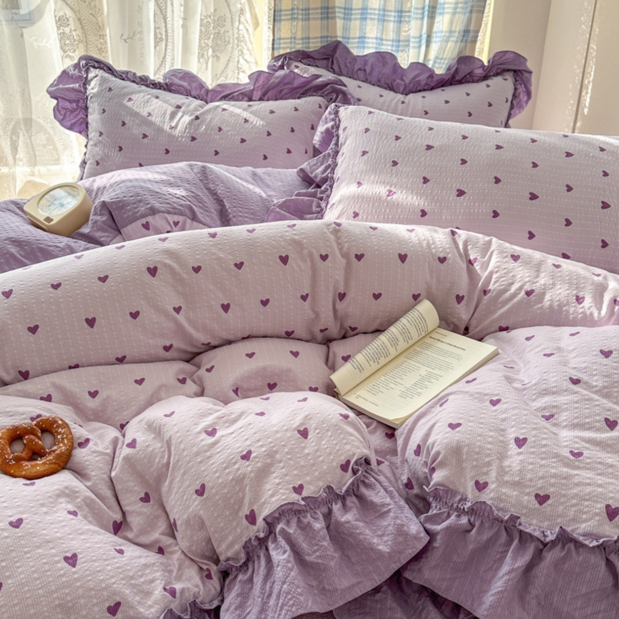 91家纺网 家纺一手货源 找家纺 欧尚 2026新款花边床盖四件套 紫爱心