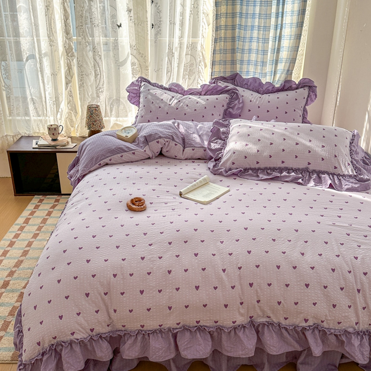 91家纺网 家纺一手货源 找家纺 欧尚 2026新款花边床盖四件套 紫爱心