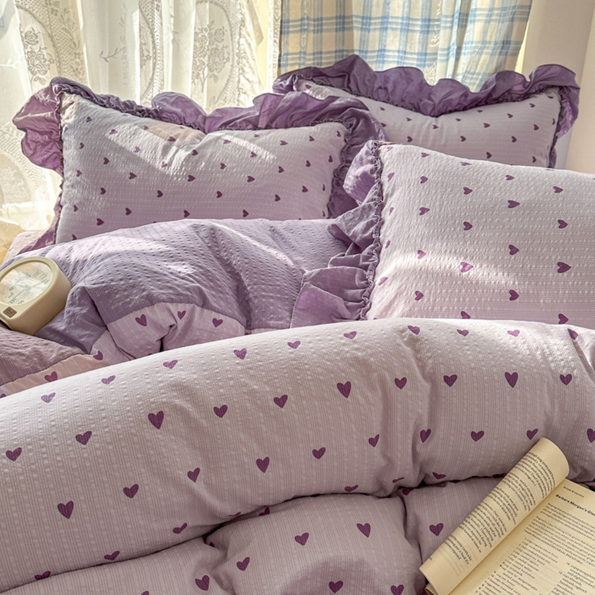 91家纺网 家纺一手货源 找家纺 欧尚 2026新款花边床盖四件套 紫爱心
