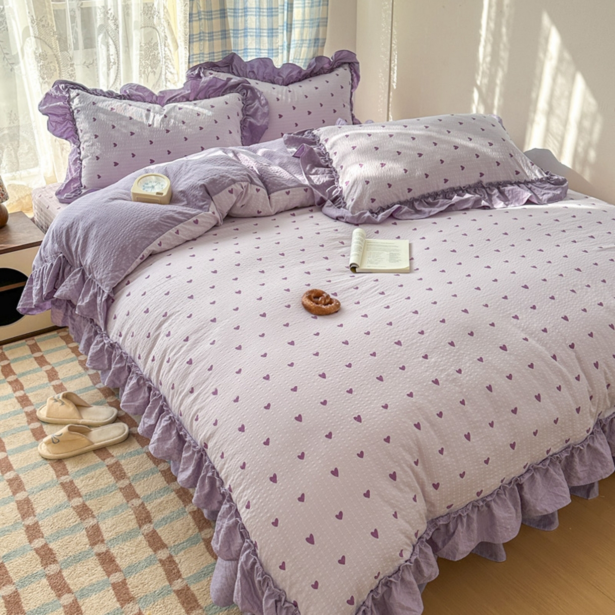 91家纺网 家纺一手货源 找家纺 欧尚 2026新款花边床盖四件套 紫爱心