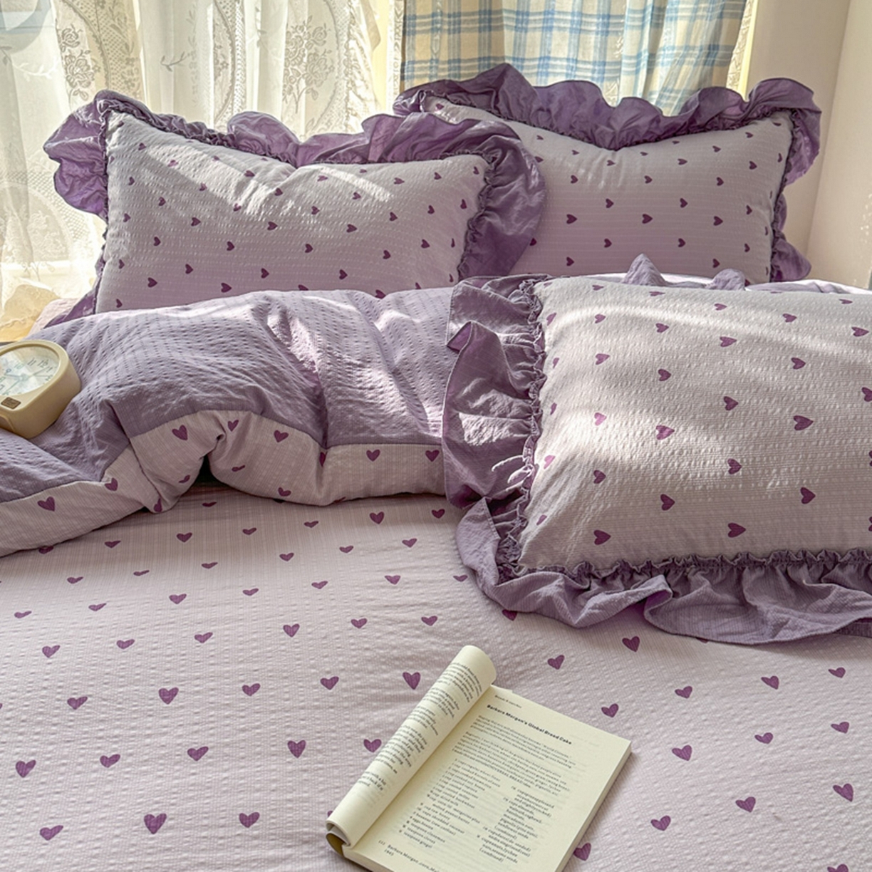 91家纺网 家纺一手货源 找家纺 欧尚 2026新款花边床盖四件套 紫爱心