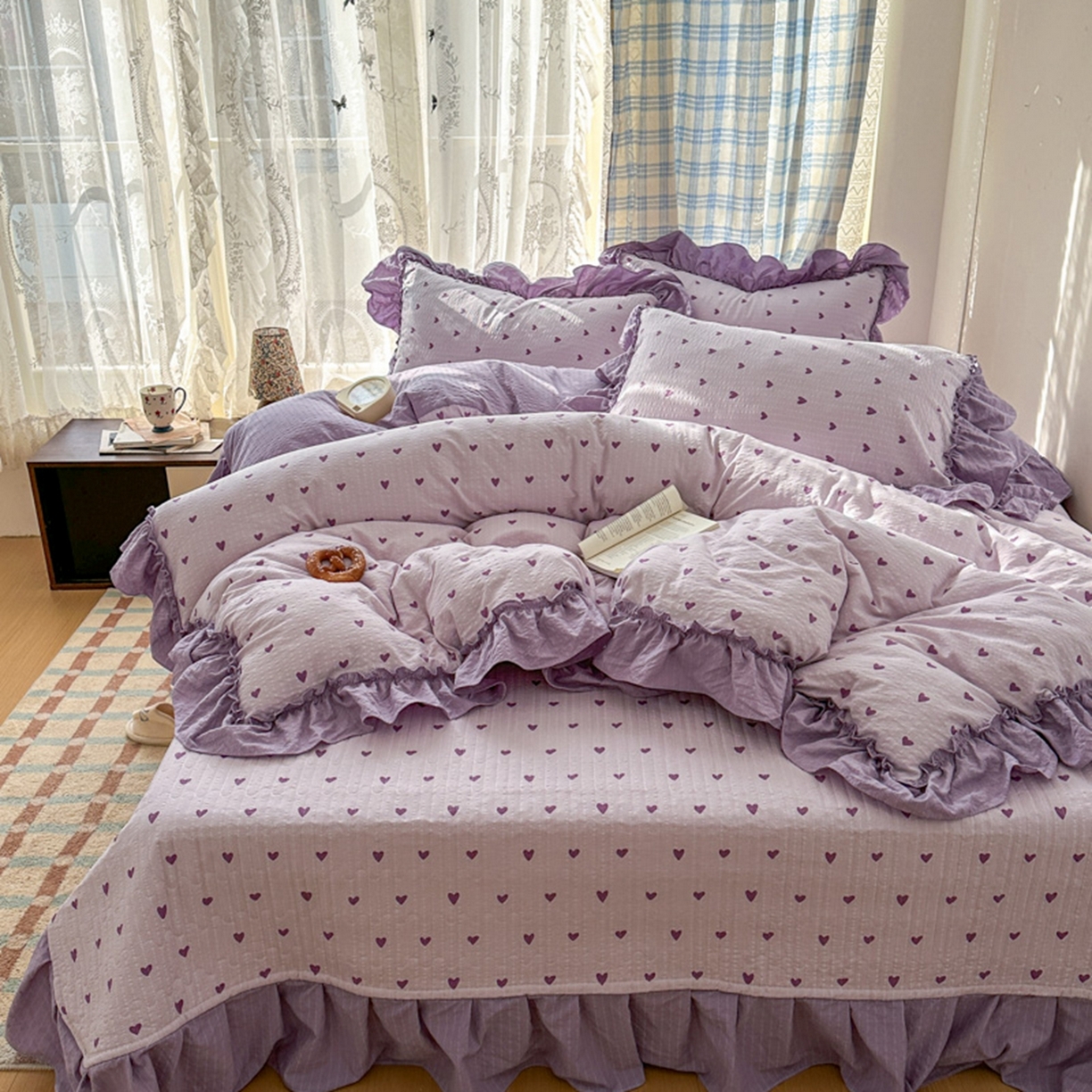 91家纺网 家纺一手货源 找家纺 欧尚 2026新款花边床盖四件套 紫爱心