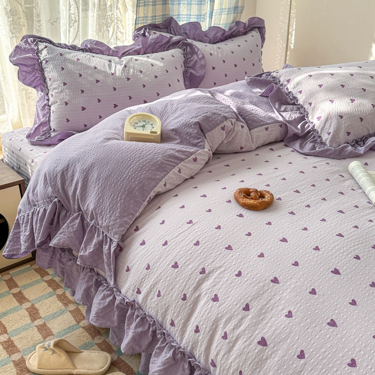 91家纺网 家纺一手货源 找家纺 欧尚 2026新款花边床盖四件套 紫爱心