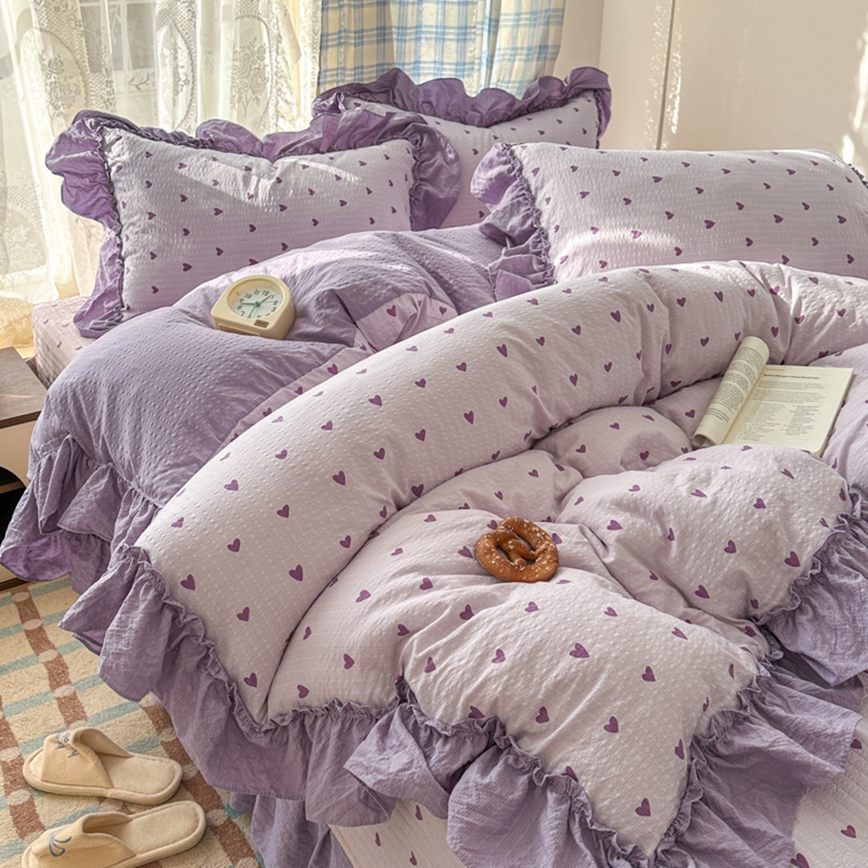 91家纺网 家纺一手货源 找家纺 欧尚 2026新款花边床盖四件套 紫爱心