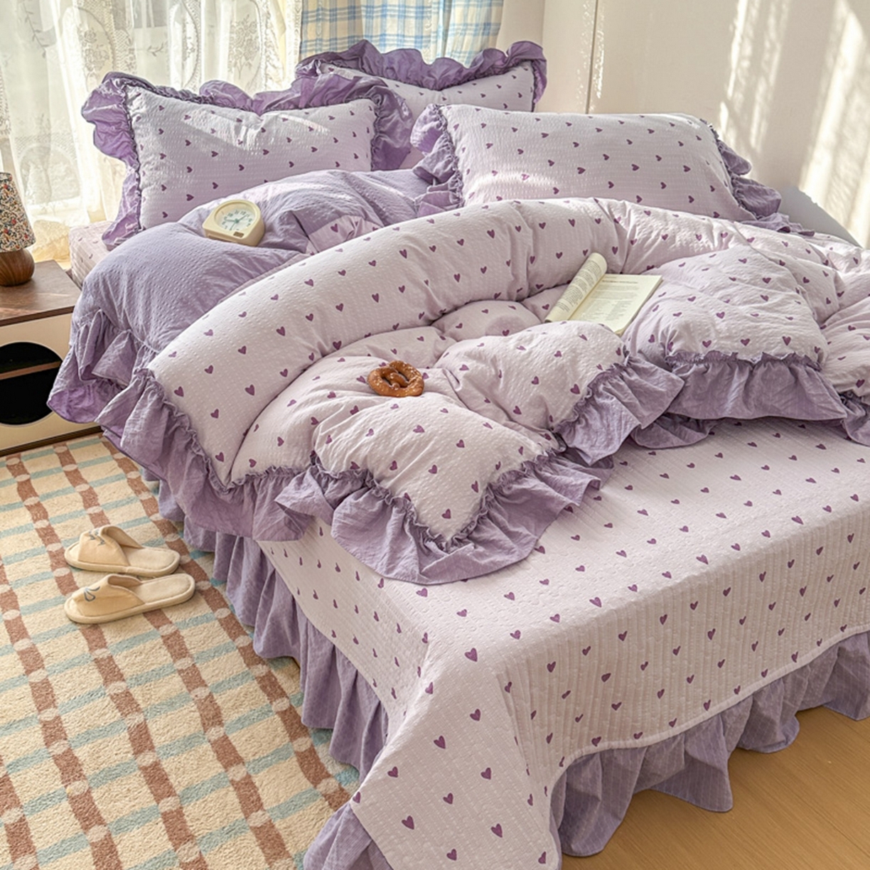 91家纺网 家纺一手货源 找家纺 欧尚 2026新款花边床盖四件套 紫爱心