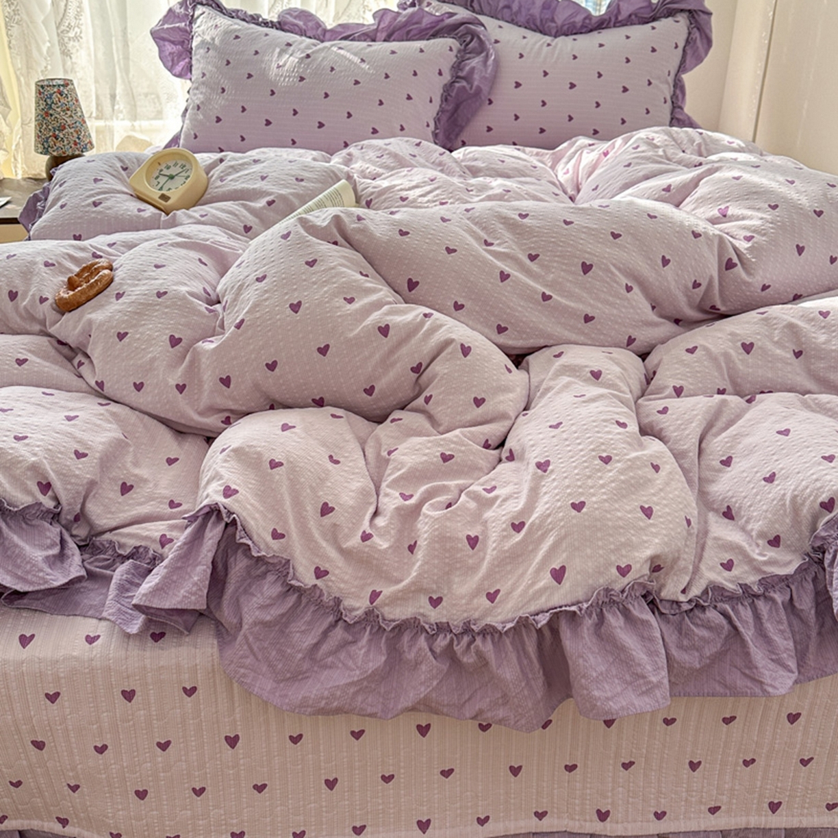 91家纺网 家纺一手货源 找家纺 欧尚 2026新款花边床盖四件套 紫爱心