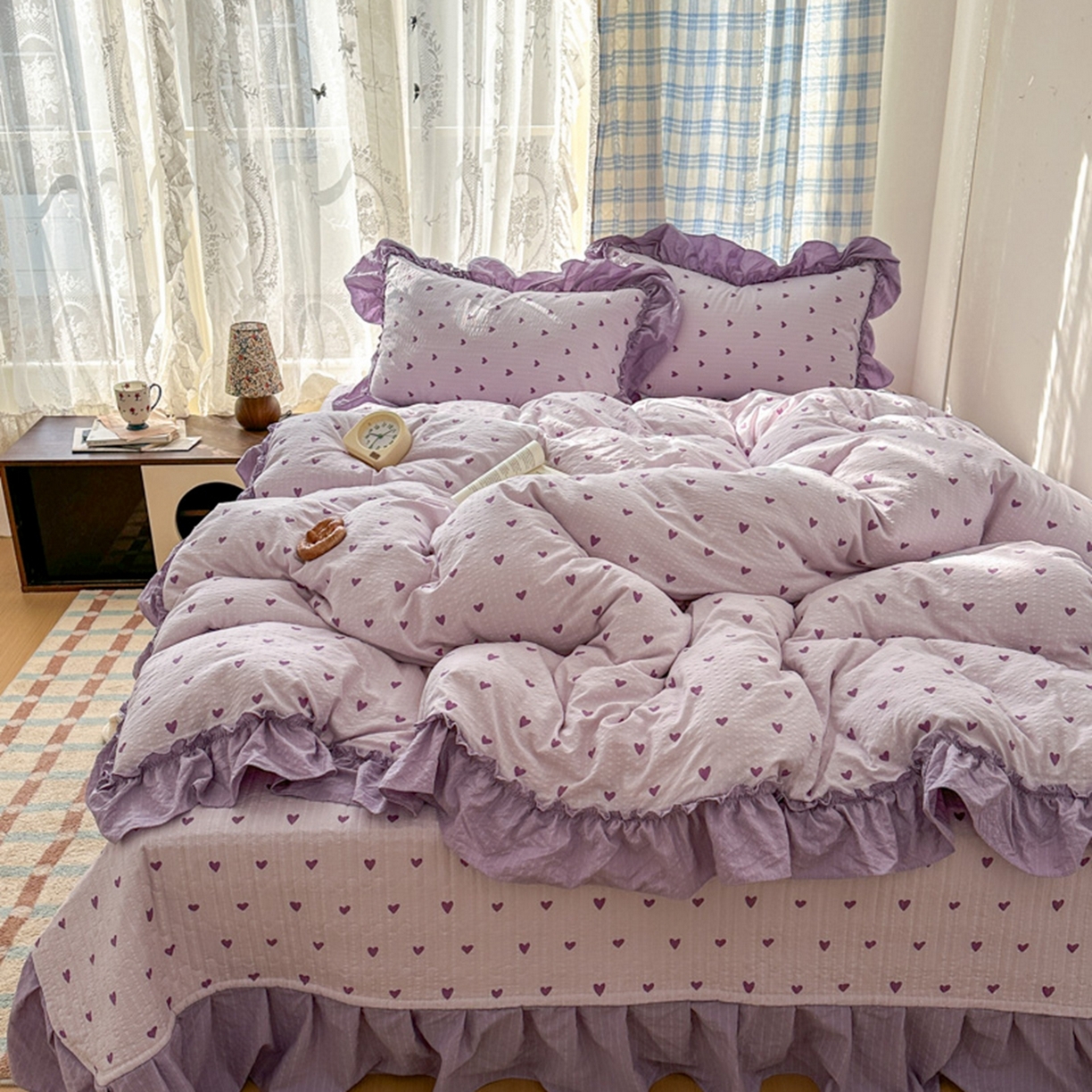 91家纺网 家纺一手货源 找家纺 欧尚 2026新款花边床盖四件套 紫爱心