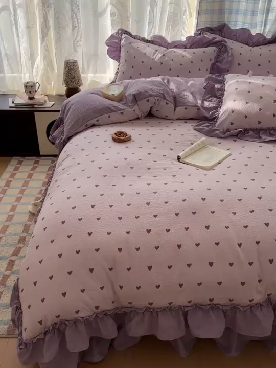 91家纺网 家纺一手货源 找家纺 欧尚 2026新款花边床盖四件套 紫爱心