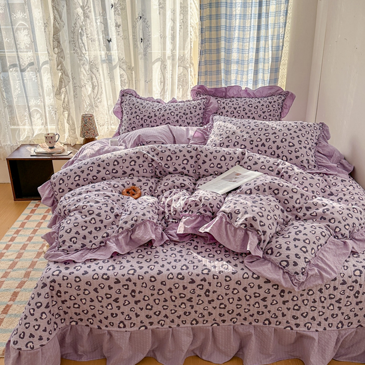 91家纺网 家纺一手货源 找家纺 欧尚 2026新款花边床盖四件套 紫豹纹