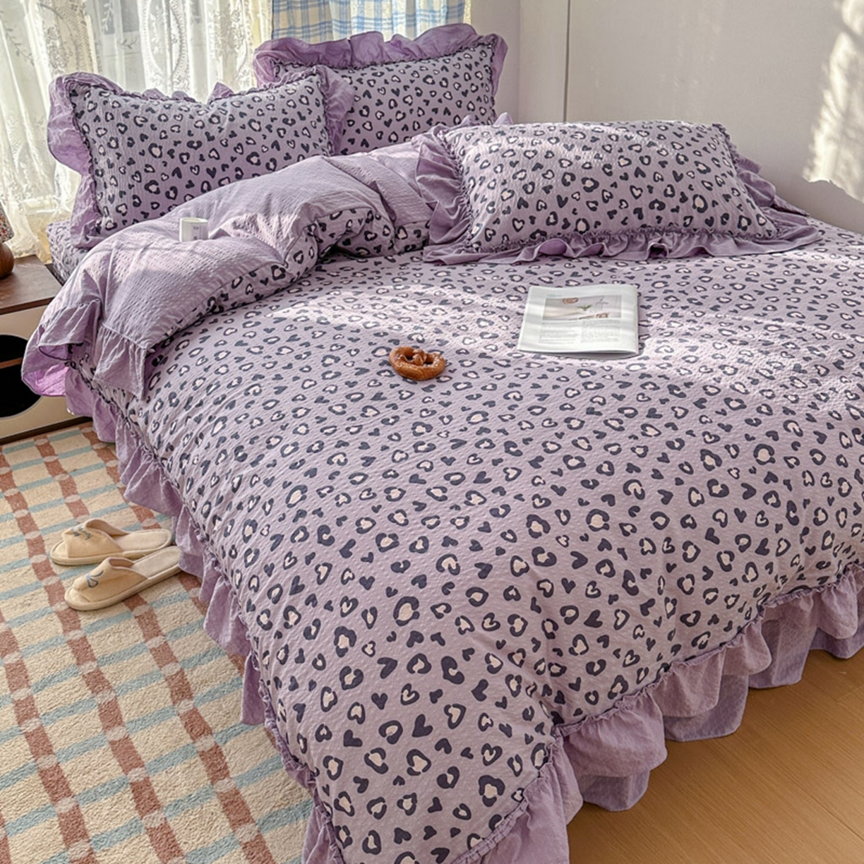 91家纺网 家纺一手货源 找家纺 欧尚 2026新款花边床盖四件套 紫豹纹