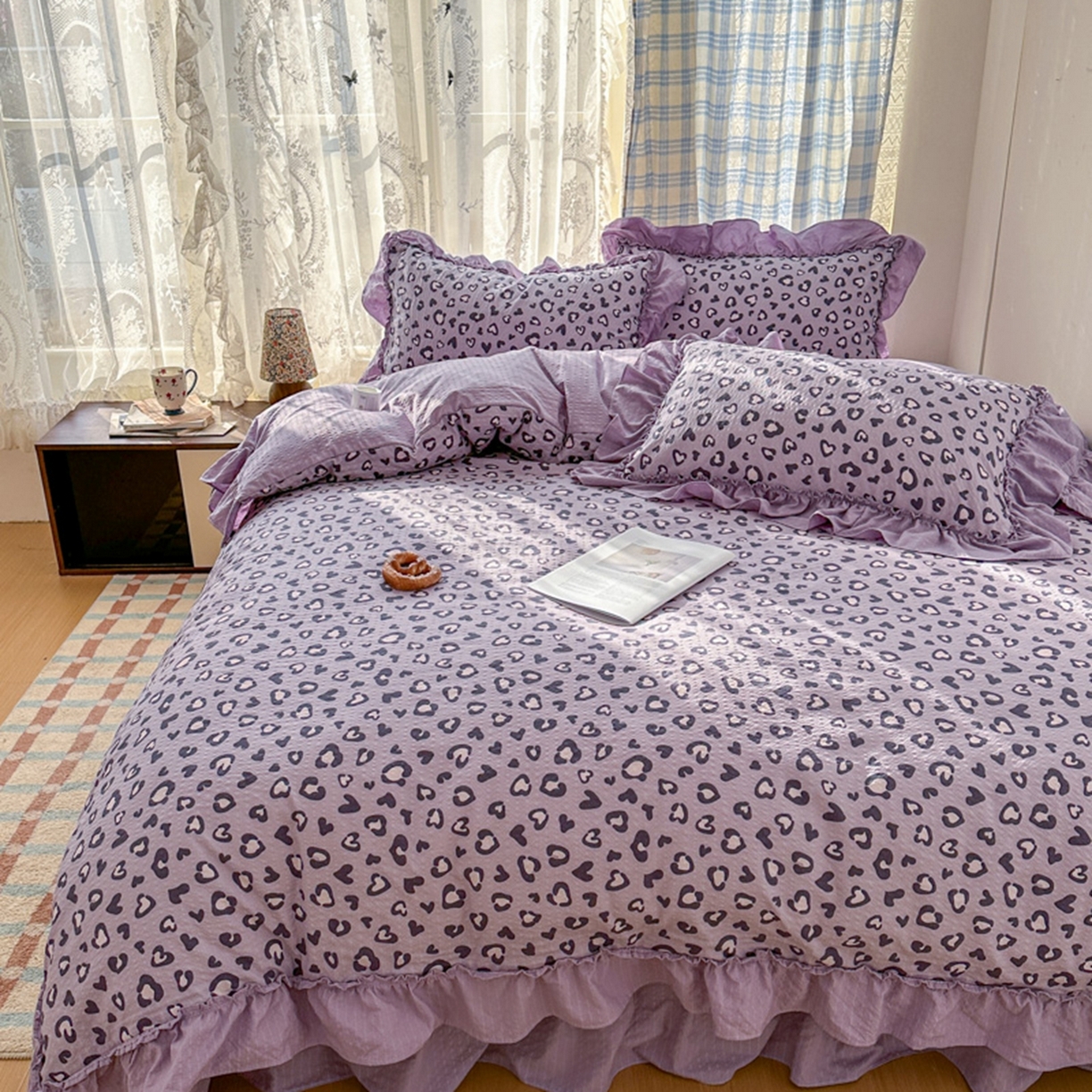 91家纺网 家纺一手货源 找家纺 欧尚 2026新款花边床盖四件套 紫豹纹