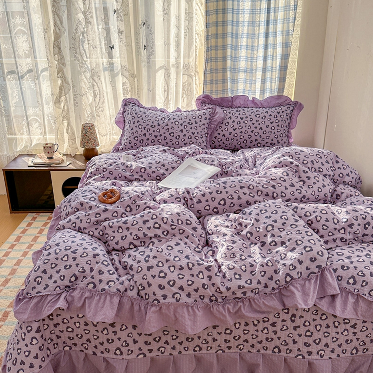 91家纺网 家纺一手货源 找家纺 欧尚 2026新款花边床盖四件套 紫豹纹