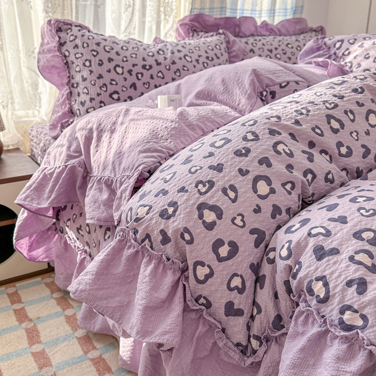 欧尚 2026新款花边床盖四件套 紫豹纹