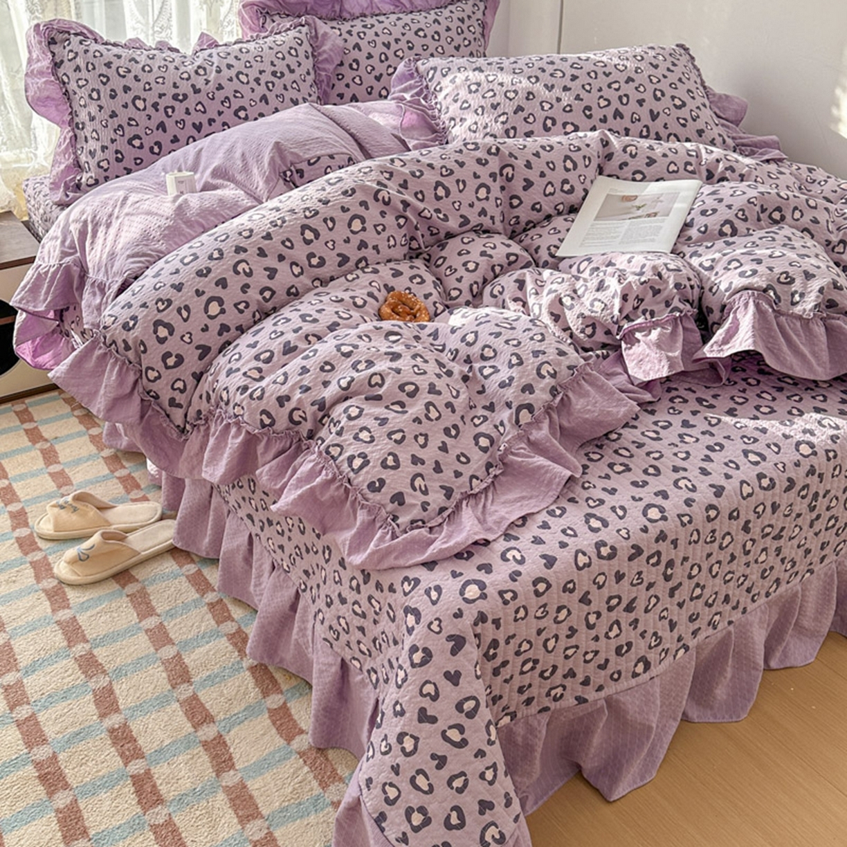 91家纺网 家纺一手货源 找家纺 欧尚 2026新款花边床盖四件套 紫豹纹