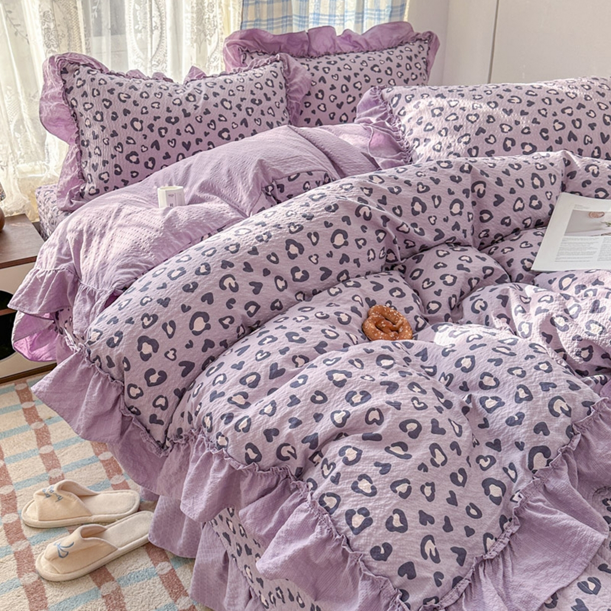 91家纺网 家纺一手货源 找家纺 欧尚 2026新款花边床盖四件套 紫豹纹