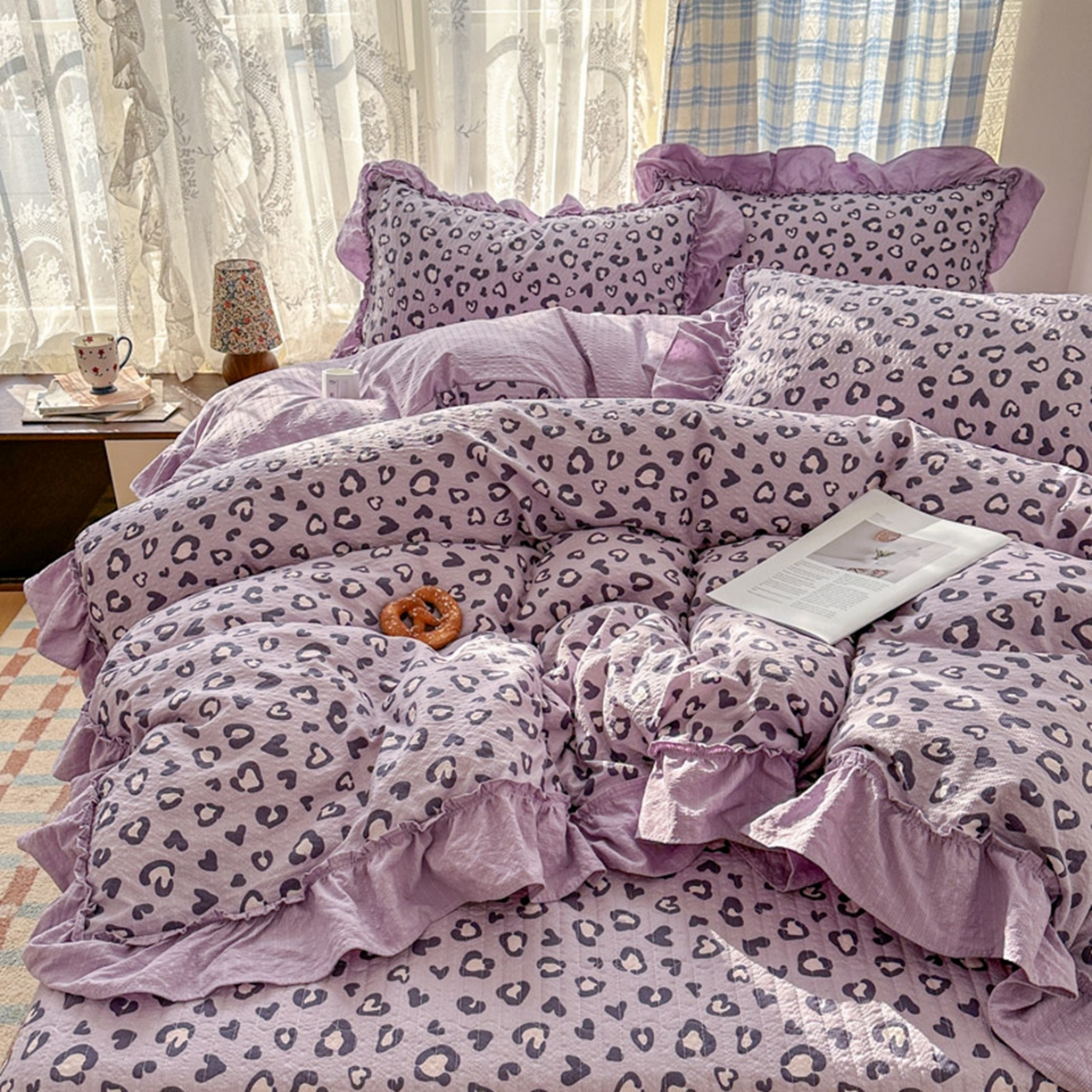 91家纺网 家纺一手货源 找家纺 欧尚 2026新款花边床盖四件套 紫豹纹