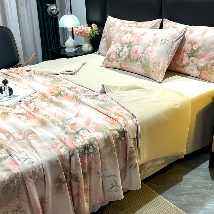 91家纺网 家纺一手货源 找家纺 欧夏家纺 2026新款凉感锦氨夏被玻尿酸焕颜被夏凉被空调被薄被子-直播供货 百合盛开