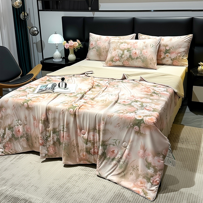 91家纺网 家纺一手货源 找家纺 欧夏家纺 2026新款凉感锦氨夏被玻尿酸焕颜被夏凉被空调被薄被子-直播供货 百合盛开