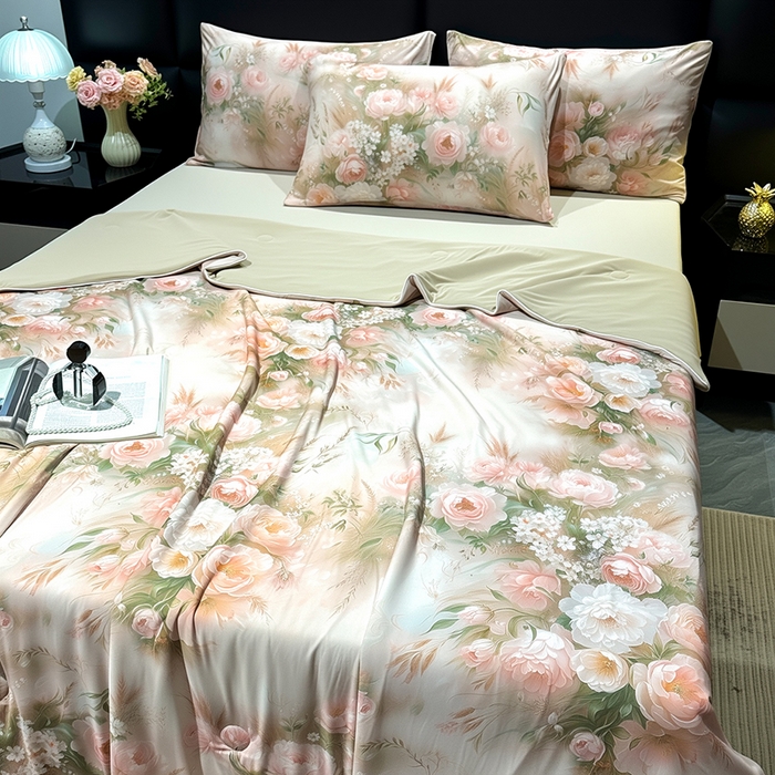 91家纺网 家纺一手货源 找家纺 欧夏家纺 2026新款凉感锦氨夏被玻尿酸焕颜被夏凉被空调被薄被子-直播供货 百合盛开