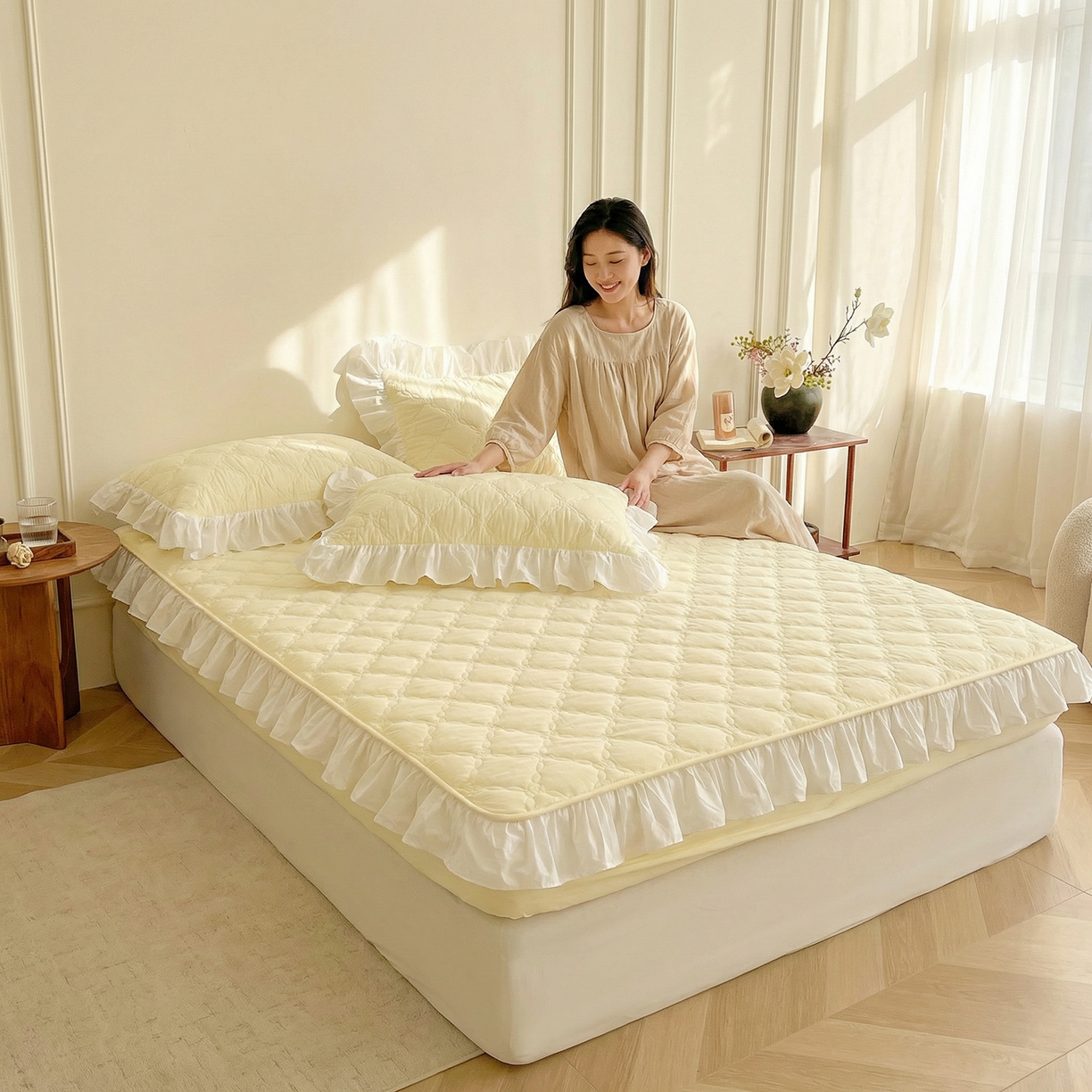 91家纺网 家纺一手货源 找家纺 （总）佳笠家居 2026新款A类全棉40支水洗棉少女风花边棉花床笠-场景图