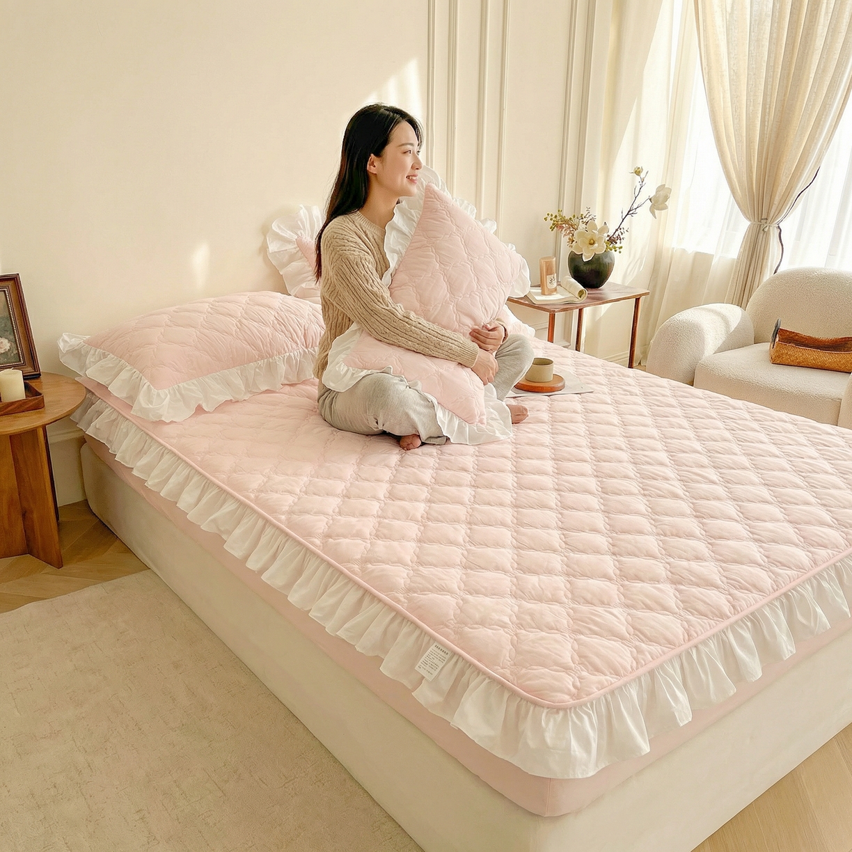 91家纺网 家纺一手货源 找家纺 （总）佳笠家居 2026新款A类全棉40支水洗棉少女风花边棉花床笠-场景图