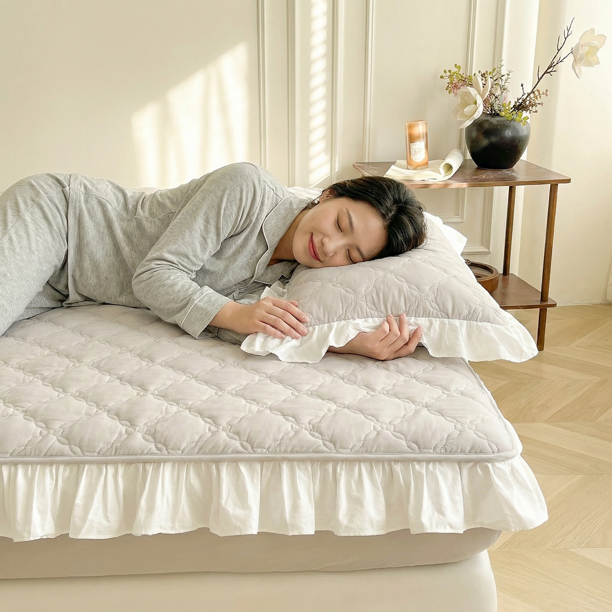 91家纺网 家纺一手货源 找家纺 佳笠家居 2026新款A类全棉40支水洗棉少女风花边棉花床笠-场景图 枫舞灰