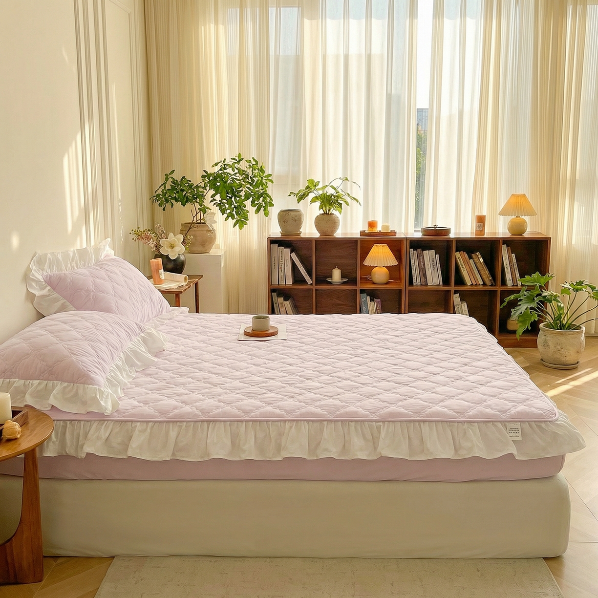 91家纺网 家纺一手货源 找家纺 佳笠家居 2026新款A类全棉40支水洗棉少女风花边棉花床笠-场景图 星空紫