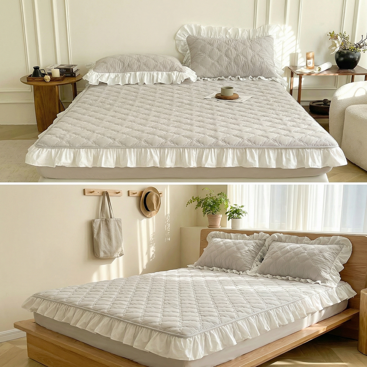 91家纺网 家纺一手货源 找家纺 佳笠家居 2026新款A类全棉40支水洗棉少女风花边棉花床笠-场景图 枫舞灰