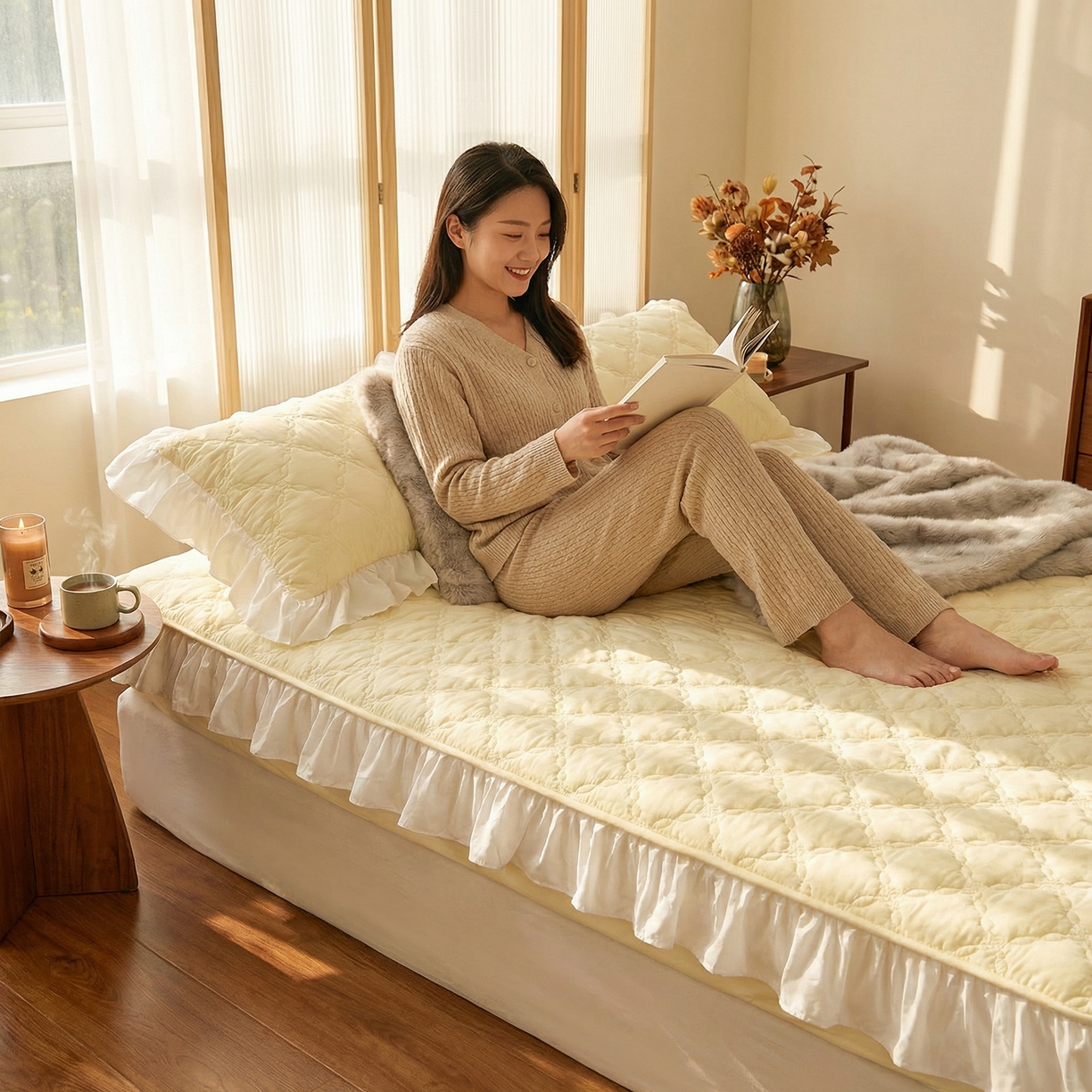 91家纺网 家纺一手货源 找家纺 佳笠家居 2026新款A类全棉40支水洗棉少女风花边棉花床笠-场景图 象牙黄